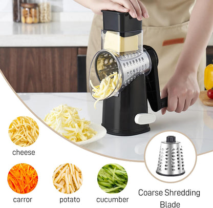 4 in 1 Large Rotary Cheese Grater Hand Crank (Grey, 4 Graters) | Cheese Shredder Rotary and Slicer with 4 Stainless Steel Blades for Vegetables, Veggie and Cheese, Stronger Suction Base