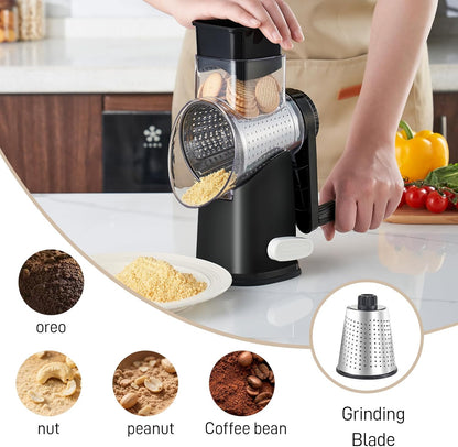 4 in 1 Large Rotary Cheese Grater Hand Crank (Grey, 4 Graters) | Cheese Shredder Rotary and Slicer with 4 Stainless Steel Blades for Vegetables, Veggie and Cheese, Stronger Suction Base