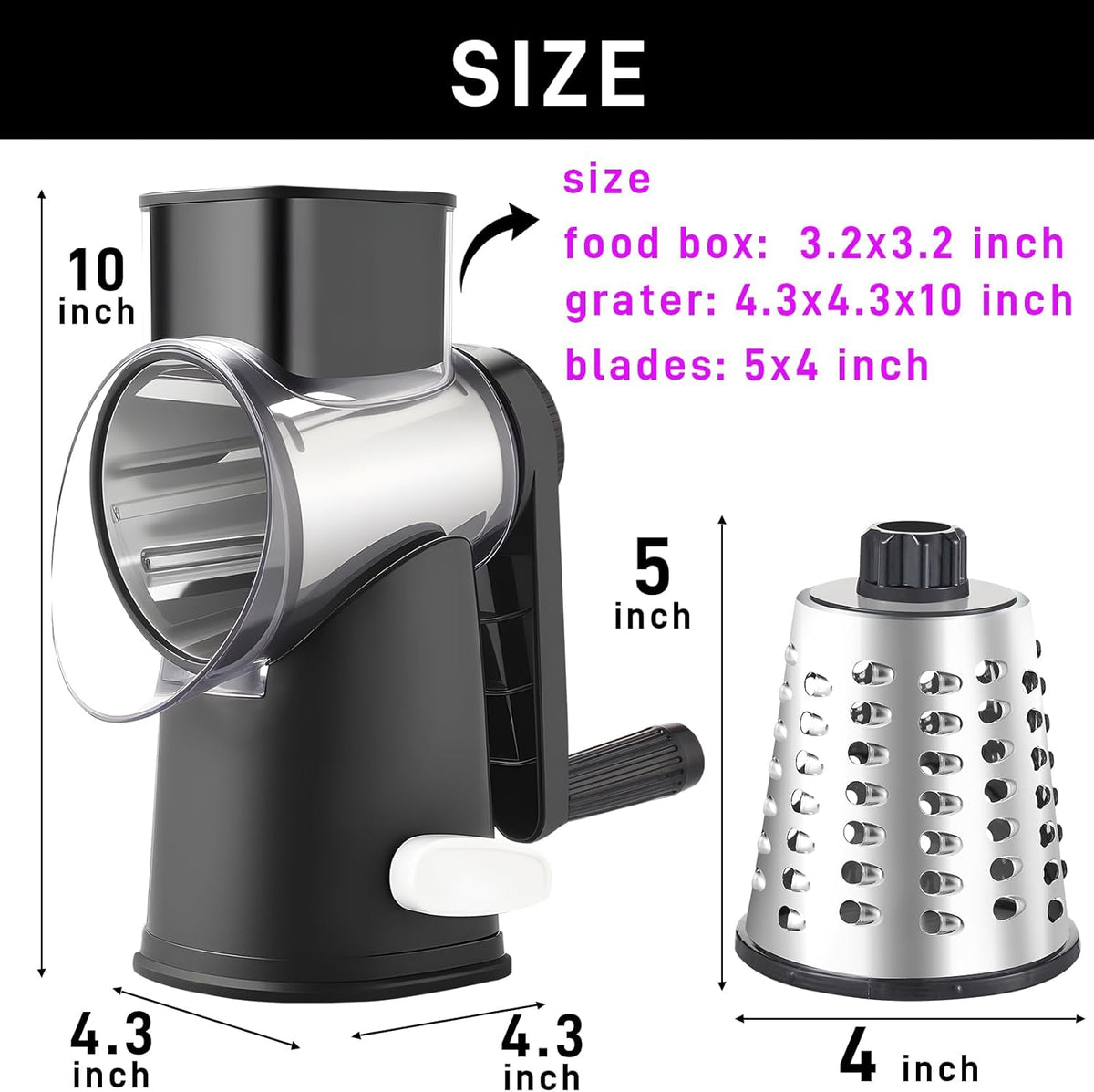 4 in 1 Large Rotary Cheese Grater Hand Crank (Grey, 4 Graters) | Cheese Shredder Rotary and Slicer with 4 Stainless Steel Blades for Vegetables, Veggie and Cheese, Stronger Suction Base