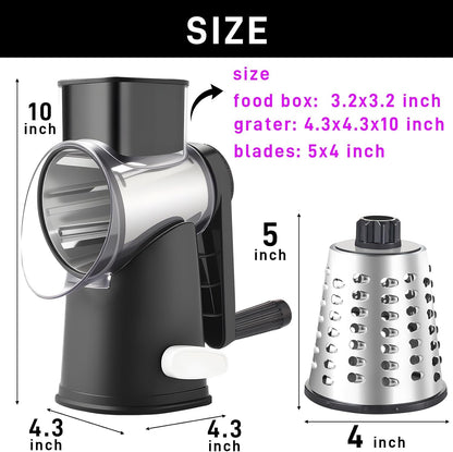 4 in 1 Large Rotary Cheese Grater Hand Crank (Grey, 4 Graters) | Cheese Shredder Rotary and Slicer with 4 Stainless Steel Blades for Vegetables, Veggie and Cheese, Stronger Suction Base