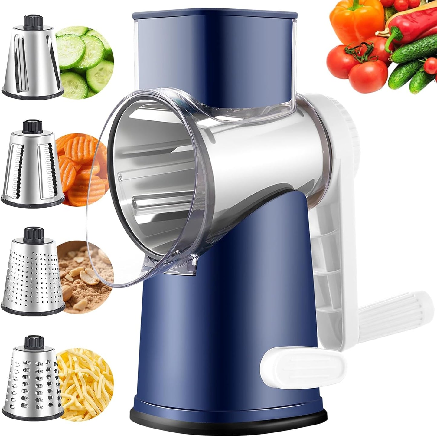 4 in 1 Large Rotary Cheese Grater Hand Crank (Grey, 4 Graters) | Cheese Shredder Rotary and Slicer with 4 Stainless Steel Blades for Vegetables, Veggie and Cheese, Stronger Suction Base