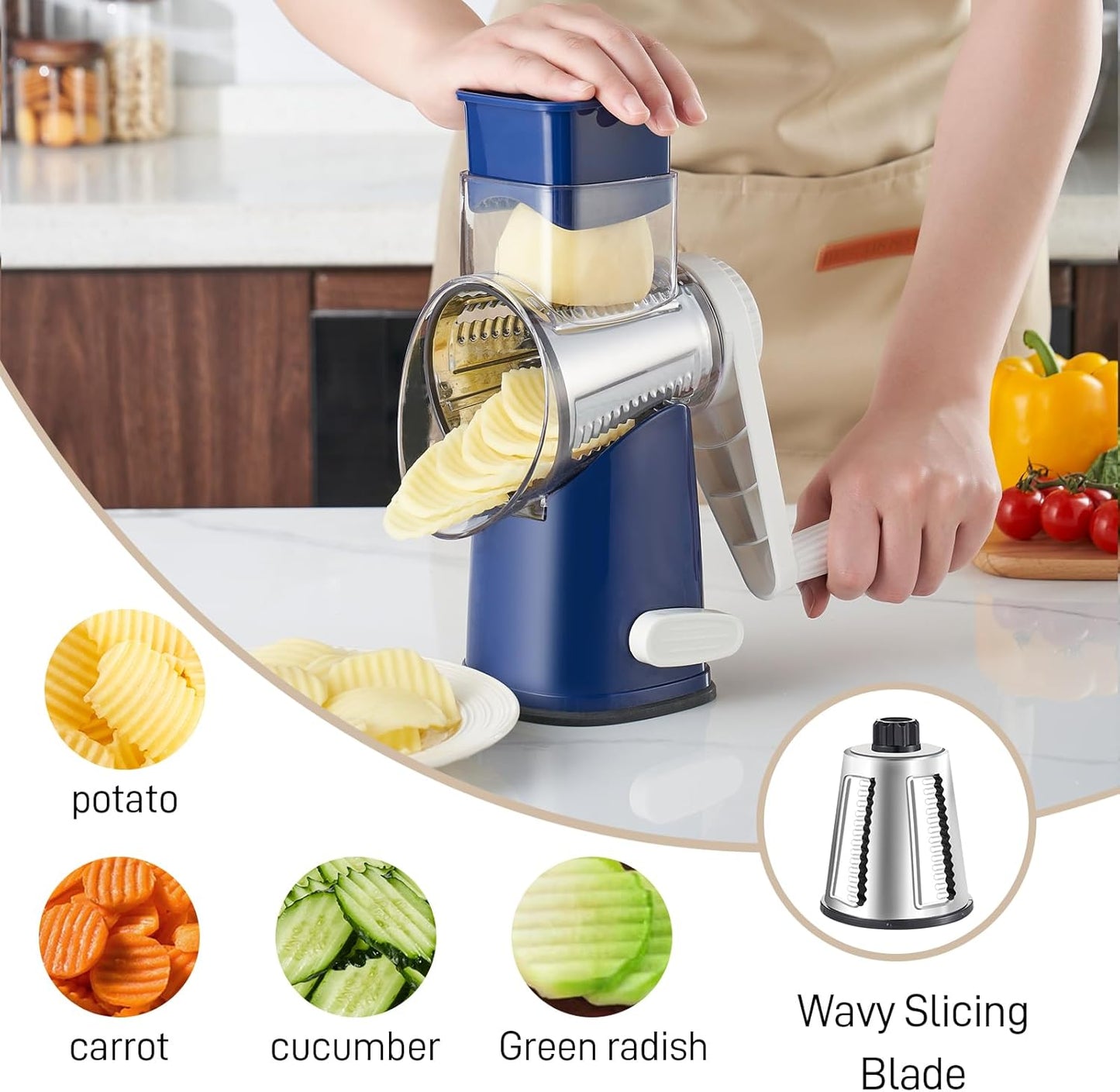 4 in 1 Large Rotary Cheese Grater Hand Crank (Grey, 4 Graters) | Cheese Shredder Rotary and Slicer with 4 Stainless Steel Blades for Vegetables, Veggie and Cheese, Stronger Suction Base