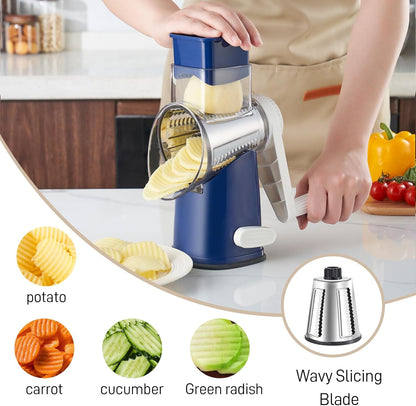 4 in 1 Large Rotary Cheese Grater Hand Crank (Grey, 4 Graters) | Cheese Shredder Rotary and Slicer with 4 Stainless Steel Blades for Vegetables, Veggie and Cheese, Stronger Suction Base