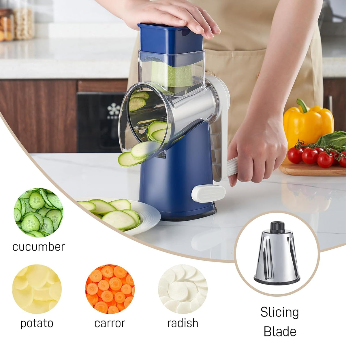 4 in 1 Large Rotary Cheese Grater Hand Crank (Grey, 4 Graters) | Cheese Shredder Rotary and Slicer with 4 Stainless Steel Blades for Vegetables, Veggie and Cheese, Stronger Suction Base
