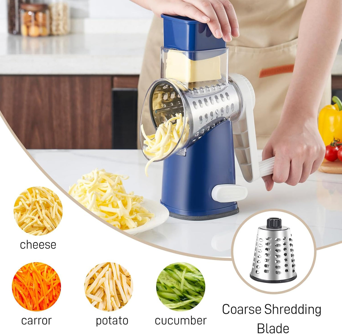 4 in 1 Large Rotary Cheese Grater Hand Crank (Grey, 4 Graters) | Cheese Shredder Rotary and Slicer with 4 Stainless Steel Blades for Vegetables, Veggie and Cheese, Stronger Suction Base