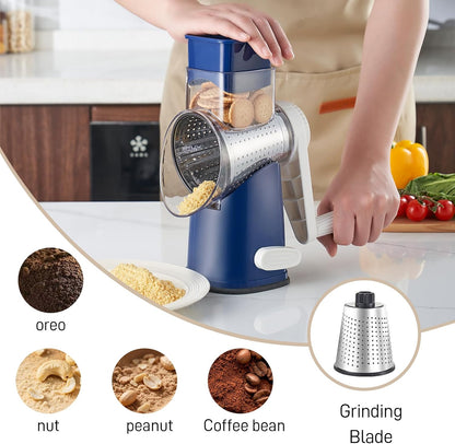 4 in 1 Large Rotary Cheese Grater Hand Crank (Grey, 4 Graters) | Cheese Shredder Rotary and Slicer with 4 Stainless Steel Blades for Vegetables, Veggie and Cheese, Stronger Suction Base