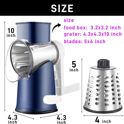 4 in 1 Large Rotary Cheese Grater Hand Crank (Grey, 4 Graters) | Cheese Shredder Rotary and Slicer with 4 Stainless Steel Blades for Vegetables, Veggie and Cheese, Stronger Suction Base