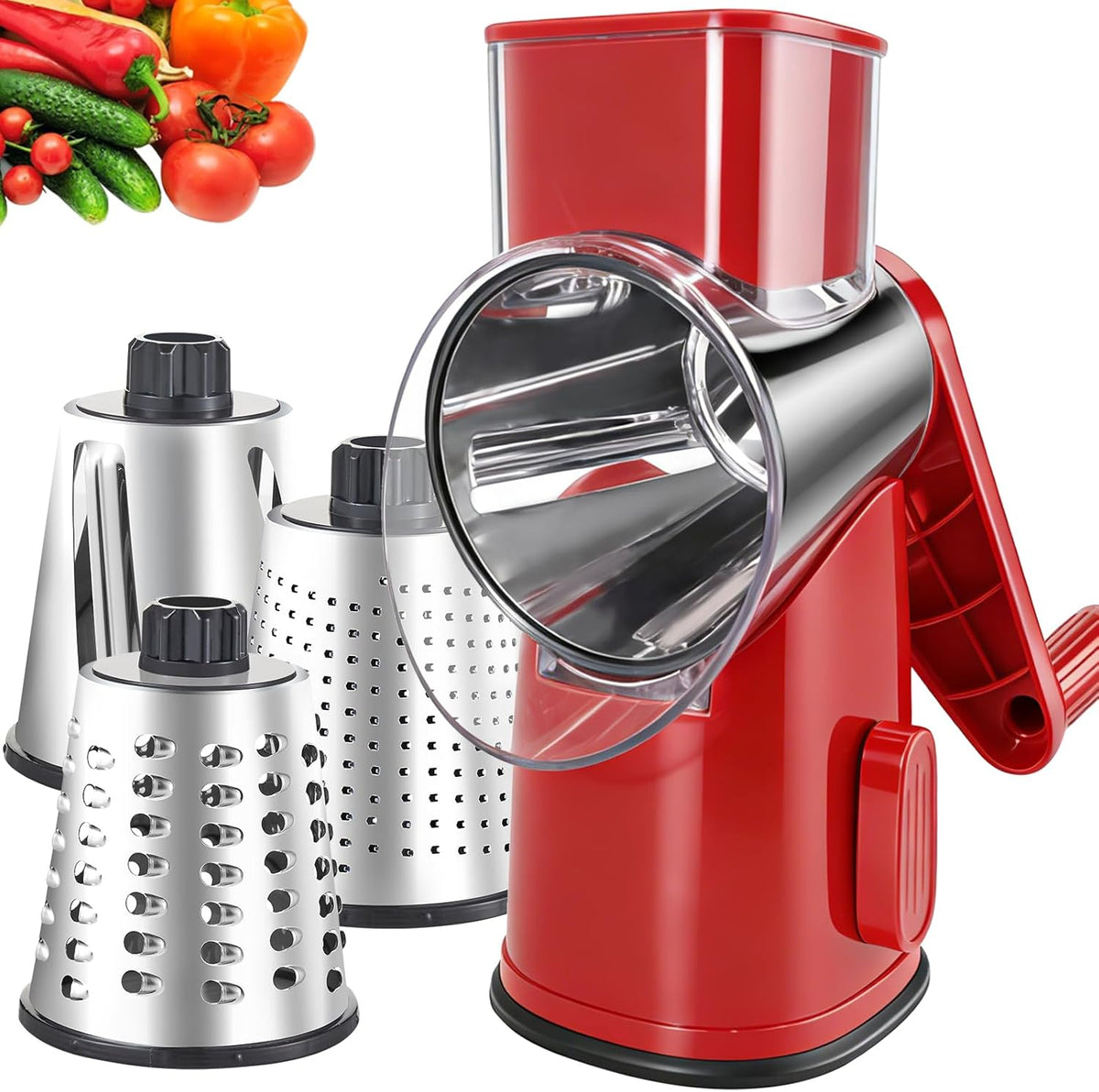 4 in 1 Large Rotary Cheese Grater Hand Crank (Grey, 4 Graters) | Cheese Shredder Rotary and Slicer with 4 Stainless Steel Blades for Vegetables, Veggie and Cheese, Stronger Suction Base