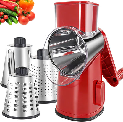4 in 1 Large Rotary Cheese Grater Hand Crank (Grey, 4 Graters) | Cheese Shredder Rotary and Slicer with 4 Stainless Steel Blades for Vegetables, Veggie and Cheese, Stronger Suction Base