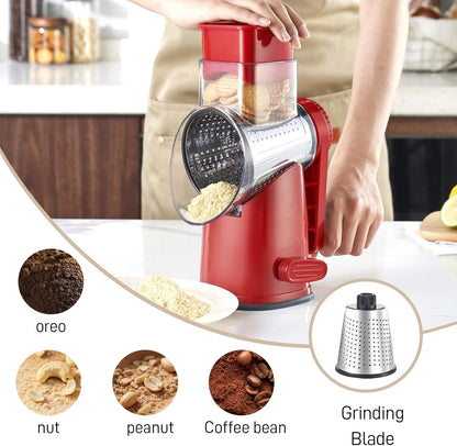 4 in 1 Large Rotary Cheese Grater Hand Crank (Grey, 4 Graters) | Cheese Shredder Rotary and Slicer with 4 Stainless Steel Blades for Vegetables, Veggie and Cheese, Stronger Suction Base