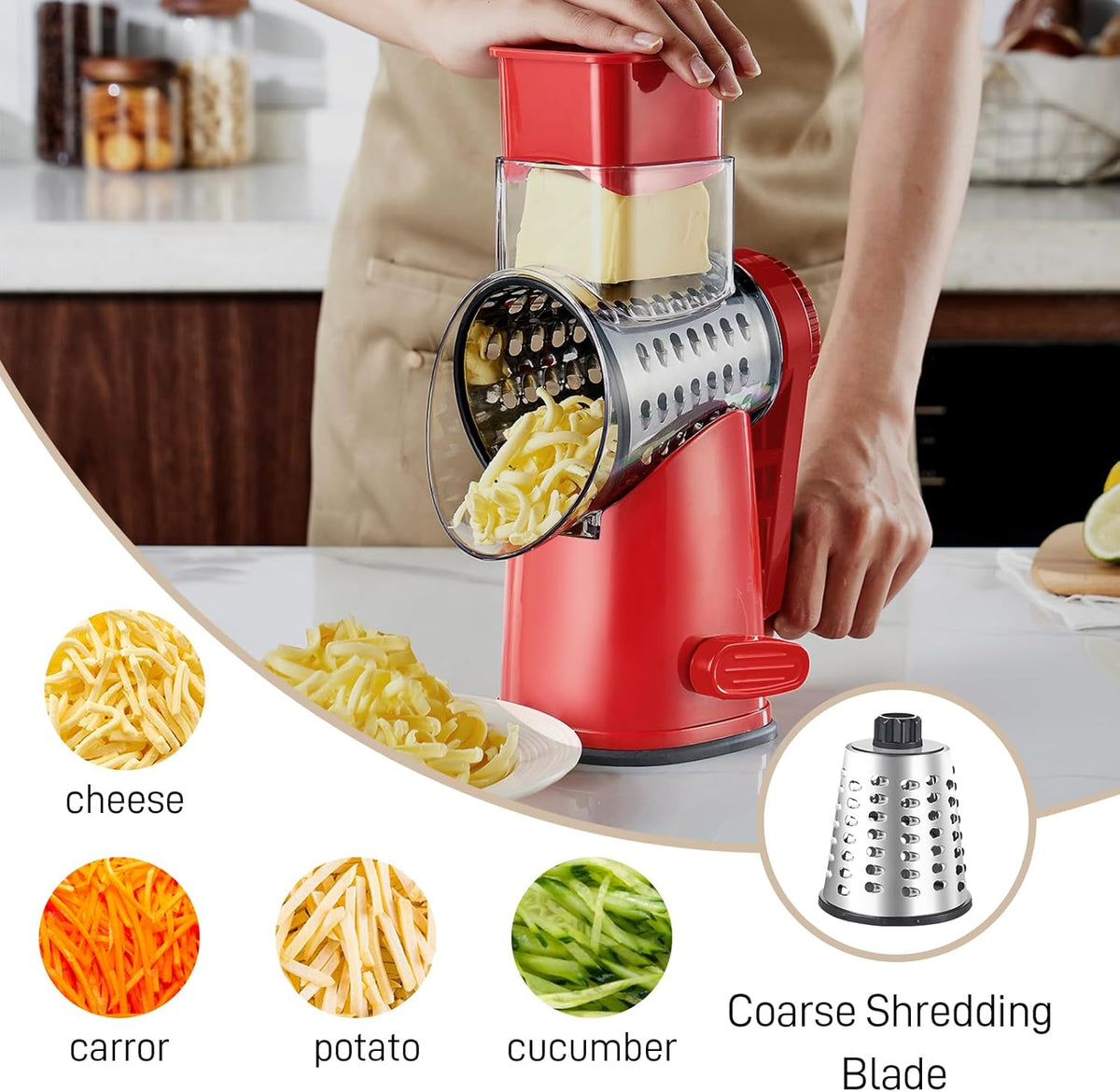 4 in 1 Large Rotary Cheese Grater Hand Crank (Grey, 4 Graters) | Cheese Shredder Rotary and Slicer with 4 Stainless Steel Blades for Vegetables, Veggie and Cheese, Stronger Suction Base