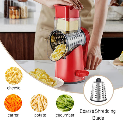 4 in 1 Large Rotary Cheese Grater Hand Crank (Grey, 4 Graters) | Cheese Shredder Rotary and Slicer with 4 Stainless Steel Blades for Vegetables, Veggie and Cheese, Stronger Suction Base