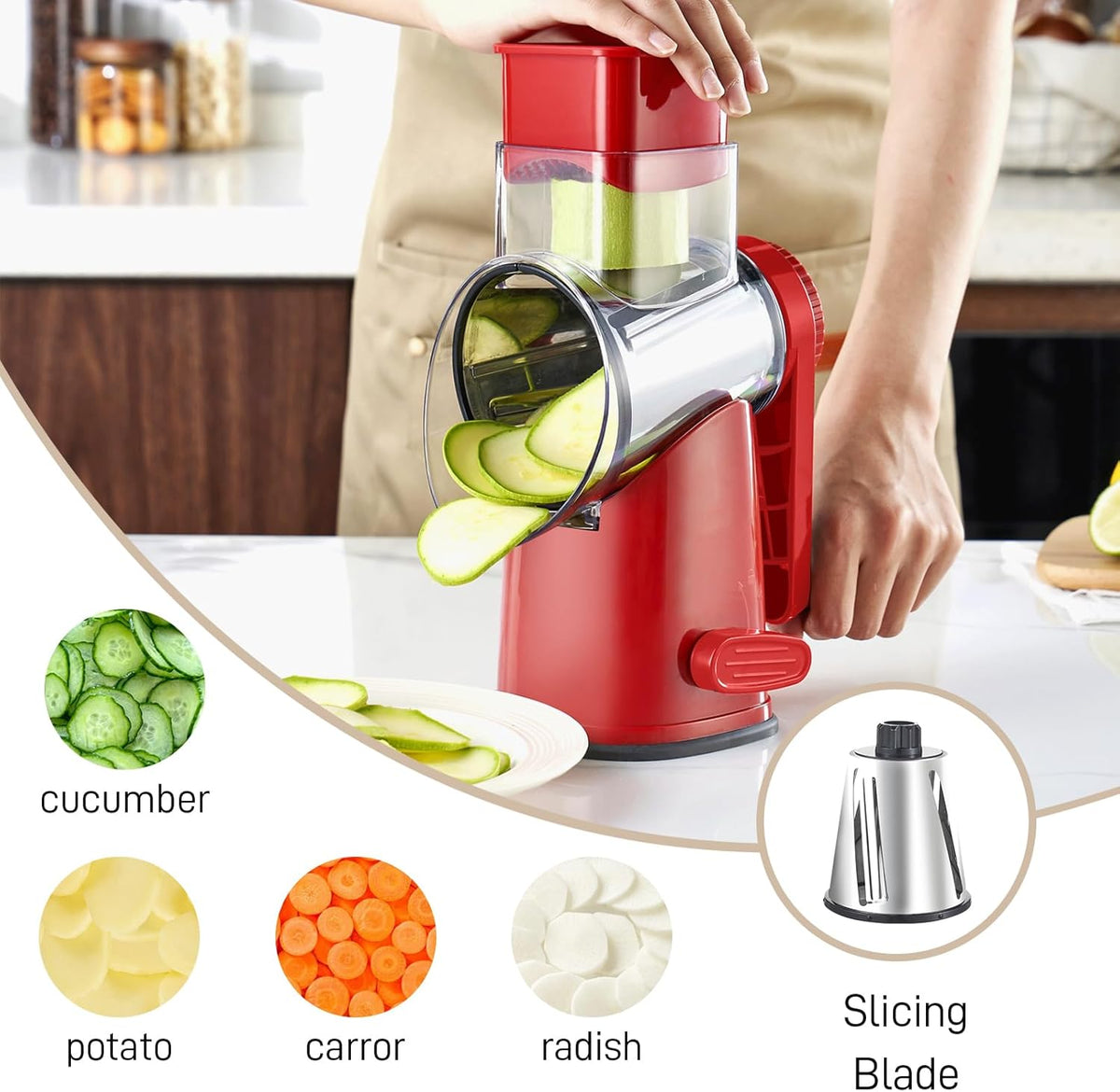 4 in 1 Large Rotary Cheese Grater Hand Crank (Grey, 4 Graters) | Cheese Shredder Rotary and Slicer with 4 Stainless Steel Blades for Vegetables, Veggie and Cheese, Stronger Suction Base