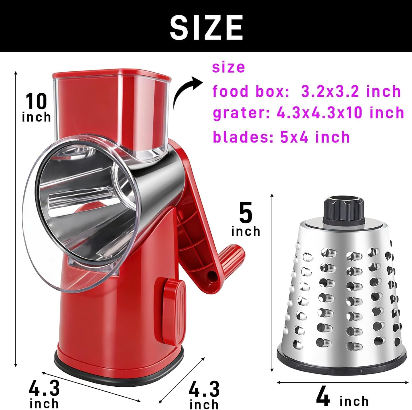 4 in 1 Large Rotary Cheese Grater Hand Crank (Grey, 4 Graters) | Cheese Shredder Rotary and Slicer with 4 Stainless Steel Blades for Vegetables, Veggie and Cheese, Stronger Suction Base