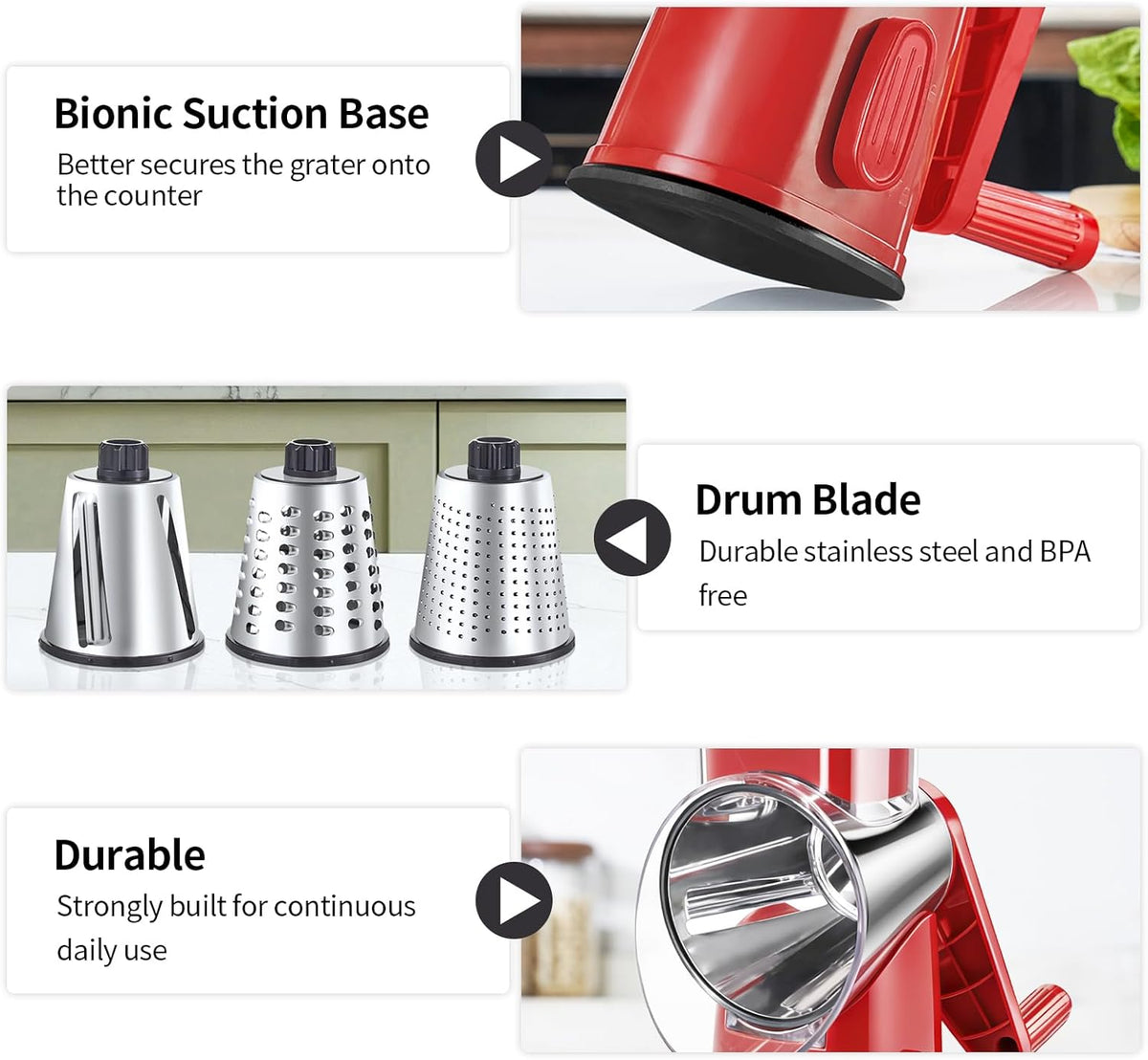 4 in 1 Large Rotary Cheese Grater Hand Crank (Grey, 4 Graters) | Cheese Shredder Rotary and Slicer with 4 Stainless Steel Blades for Vegetables, Veggie and Cheese, Stronger Suction Base