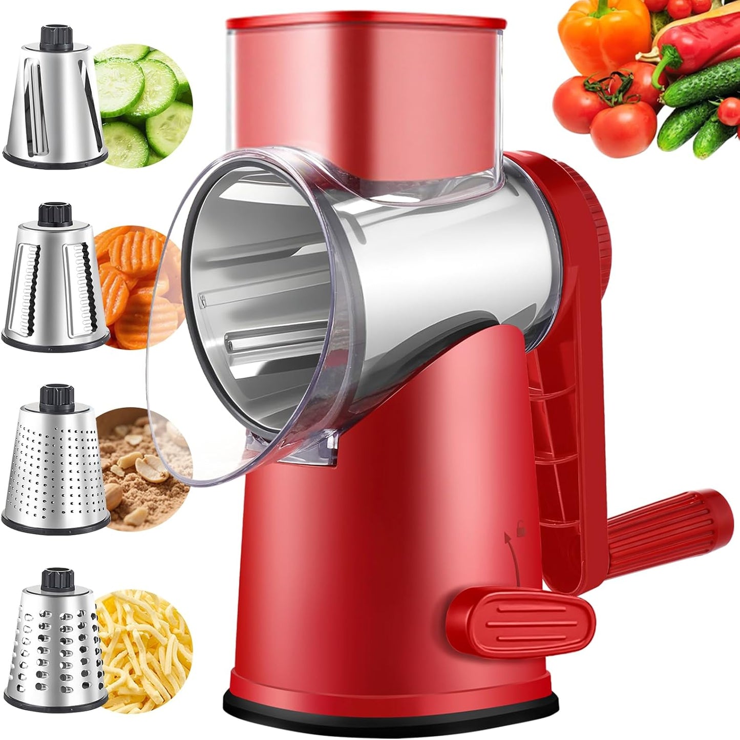 4 in 1 Large Rotary Cheese Grater Hand Crank (Grey, 4 Graters) | Cheese Shredder Rotary and Slicer with 4 Stainless Steel Blades for Vegetables, Veggie and Cheese, Stronger Suction Base