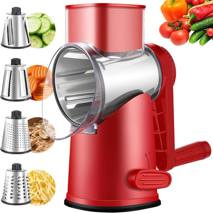 4 in 1 Large Rotary Cheese Grater Hand Crank (Grey, 4 Graters) | Cheese Shredder Rotary and Slicer with 4 Stainless Steel Blades for Vegetables, Veggie and Cheese, Stronger Suction Base