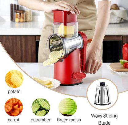 4 in 1 Large Rotary Cheese Grater Hand Crank (Grey, 4 Graters) | Cheese Shredder Rotary and Slicer with 4 Stainless Steel Blades for Vegetables, Veggie and Cheese, Stronger Suction Base