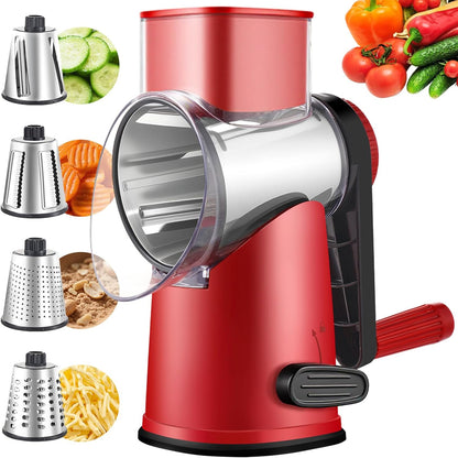 4 in 1 Large Rotary Cheese Grater Hand Crank (Grey, 4 Graters) | Cheese Shredder Rotary and Slicer with 4 Stainless Steel Blades for Vegetables, Veggie and Cheese, Stronger Suction Base