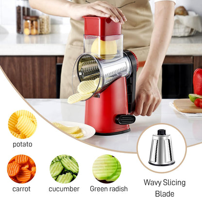 4 in 1 Large Rotary Cheese Grater Hand Crank (Grey, 4 Graters) | Cheese Shredder Rotary and Slicer with 4 Stainless Steel Blades for Vegetables, Veggie and Cheese, Stronger Suction Base