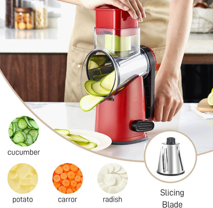 4 in 1 Large Rotary Cheese Grater Hand Crank (Grey, 4 Graters) | Cheese Shredder Rotary and Slicer with 4 Stainless Steel Blades for Vegetables, Veggie and Cheese, Stronger Suction Base