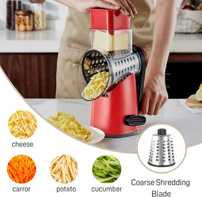 4 in 1 Large Rotary Cheese Grater Hand Crank (Grey, 4 Graters) | Cheese Shredder Rotary and Slicer with 4 Stainless Steel Blades for Vegetables, Veggie and Cheese, Stronger Suction Base