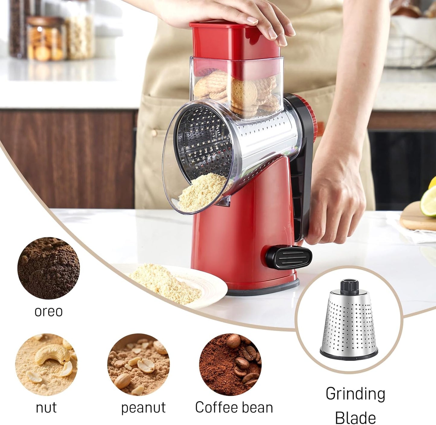 4 in 1 Large Rotary Cheese Grater Hand Crank (Grey, 4 Graters) | Cheese Shredder Rotary and Slicer with 4 Stainless Steel Blades for Vegetables, Veggie and Cheese, Stronger Suction Base
