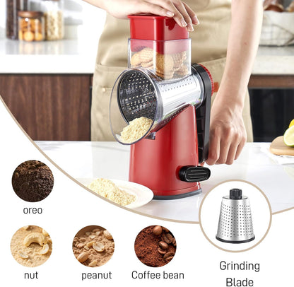 4 in 1 Large Rotary Cheese Grater Hand Crank (Grey, 4 Graters) | Cheese Shredder Rotary and Slicer with 4 Stainless Steel Blades for Vegetables, Veggie and Cheese, Stronger Suction Base