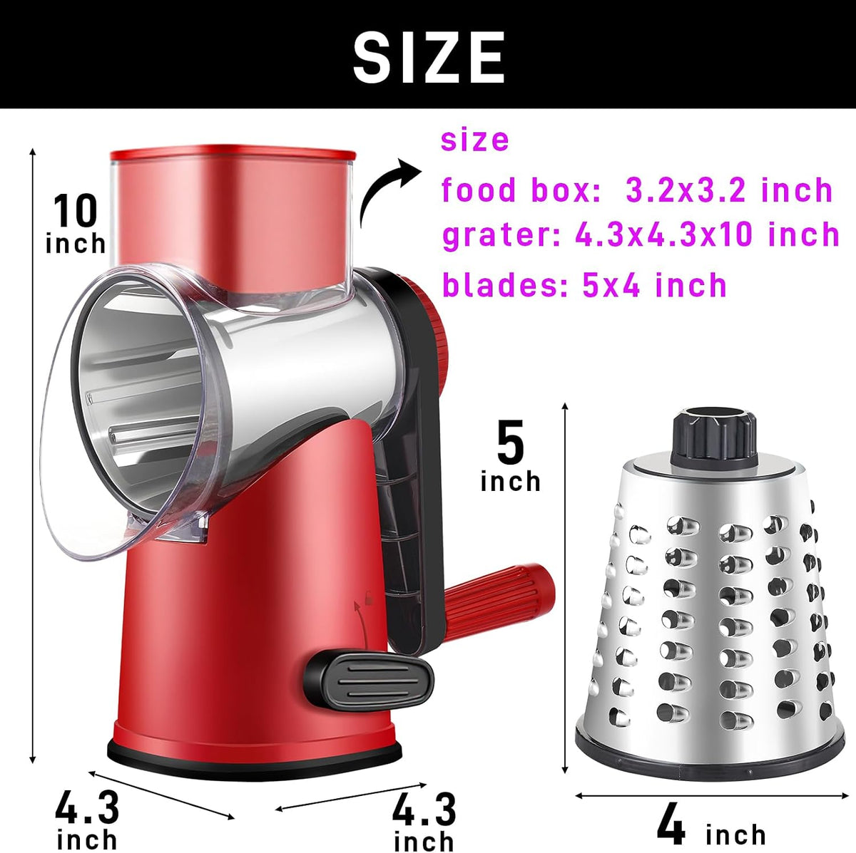 4 in 1 Large Rotary Cheese Grater Hand Crank (Grey, 4 Graters) | Cheese Shredder Rotary and Slicer with 4 Stainless Steel Blades for Vegetables, Veggie and Cheese, Stronger Suction Base