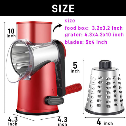 4 in 1 Large Rotary Cheese Grater Hand Crank (Grey, 4 Graters) | Cheese Shredder Rotary and Slicer with 4 Stainless Steel Blades for Vegetables, Veggie and Cheese, Stronger Suction Base