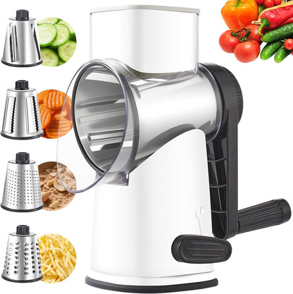 4 in 1 Large Rotary Cheese Grater Hand Crank (Grey, 4 Graters) | Cheese Shredder Rotary and Slicer with 4 Stainless Steel Blades for Vegetables, Veggie and Cheese, Stronger Suction Base
