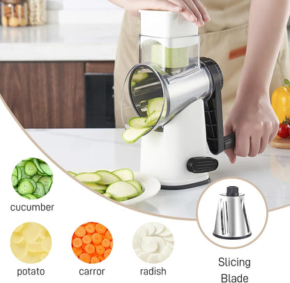 4 in 1 Large Rotary Cheese Grater Hand Crank (Grey, 4 Graters) | Cheese Shredder Rotary and Slicer with 4 Stainless Steel Blades for Vegetables, Veggie and Cheese, Stronger Suction Base