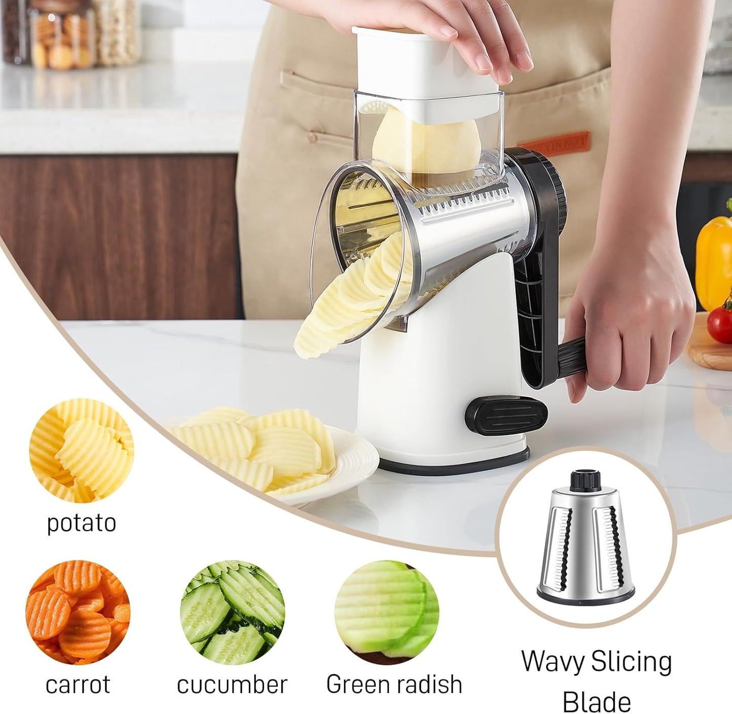 4 in 1 Large Rotary Cheese Grater Hand Crank (Grey, 4 Graters) | Cheese Shredder Rotary and Slicer with 4 Stainless Steel Blades for Vegetables, Veggie and Cheese, Stronger Suction Base