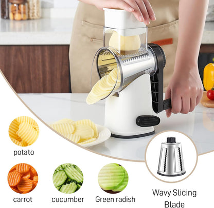 4 in 1 Large Rotary Cheese Grater Hand Crank (Grey, 4 Graters) | Cheese Shredder Rotary and Slicer with 4 Stainless Steel Blades for Vegetables, Veggie and Cheese, Stronger Suction Base