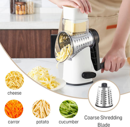 4 in 1 Large Rotary Cheese Grater Hand Crank (Grey, 4 Graters) | Cheese Shredder Rotary and Slicer with 4 Stainless Steel Blades for Vegetables, Veggie and Cheese, Stronger Suction Base