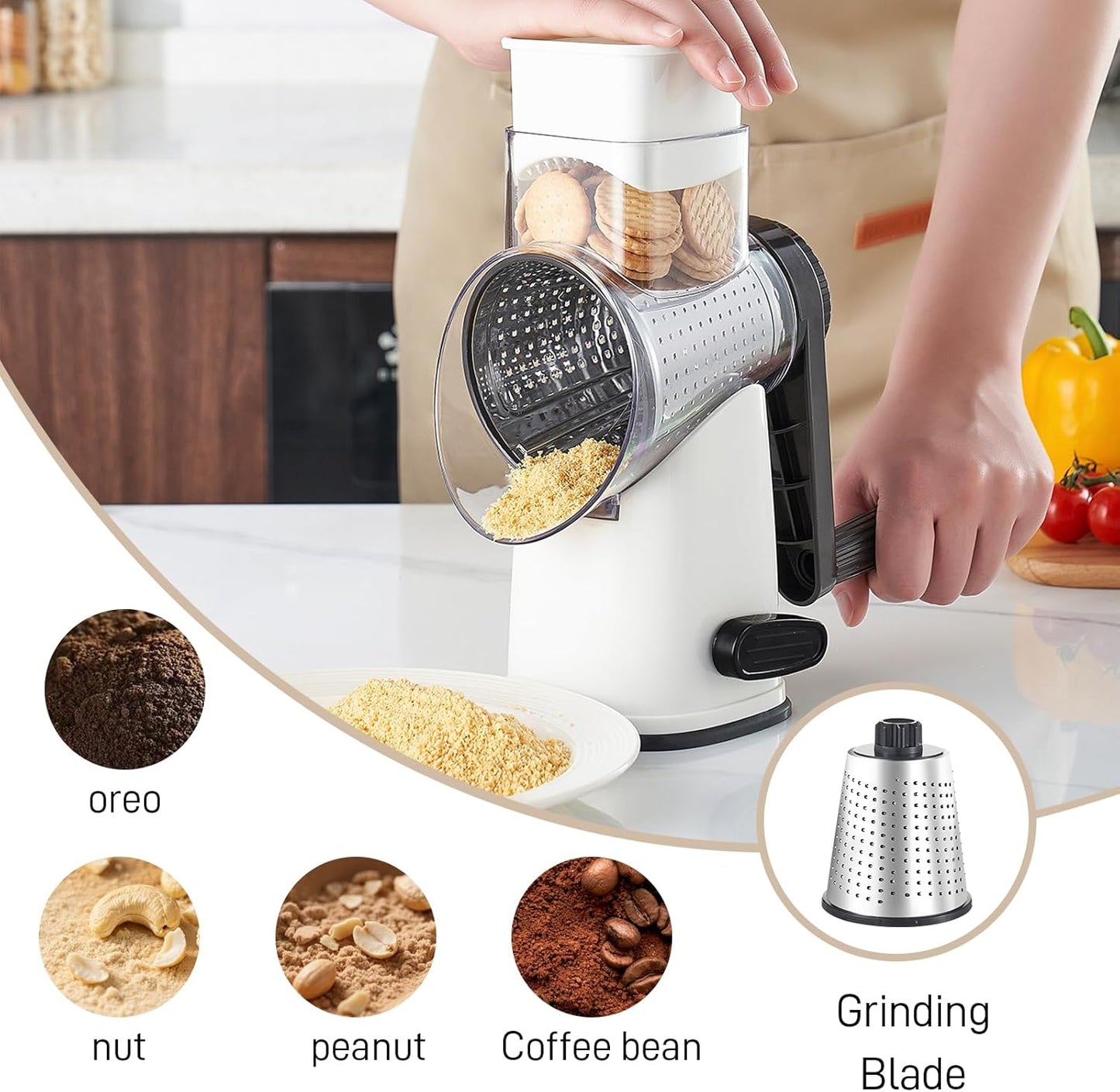4 in 1 Large Rotary Cheese Grater Hand Crank (Grey, 4 Graters) | Cheese Shredder Rotary and Slicer with 4 Stainless Steel Blades for Vegetables, Veggie and Cheese, Stronger Suction Base