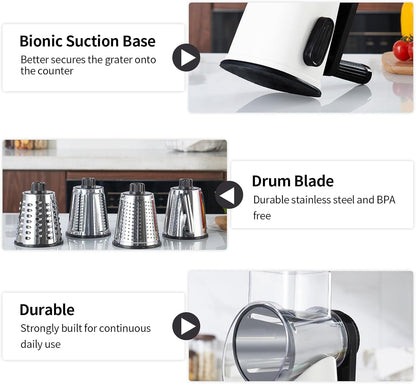 4 in 1 Large Rotary Cheese Grater Hand Crank (Grey, 4 Graters) | Cheese Shredder Rotary and Slicer with 4 Stainless Steel Blades for Vegetables, Veggie and Cheese, Stronger Suction Base