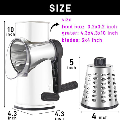4 in 1 Large Rotary Cheese Grater Hand Crank (Grey, 4 Graters) | Cheese Shredder Rotary and Slicer with 4 Stainless Steel Blades for Vegetables, Veggie and Cheese, Stronger Suction Base