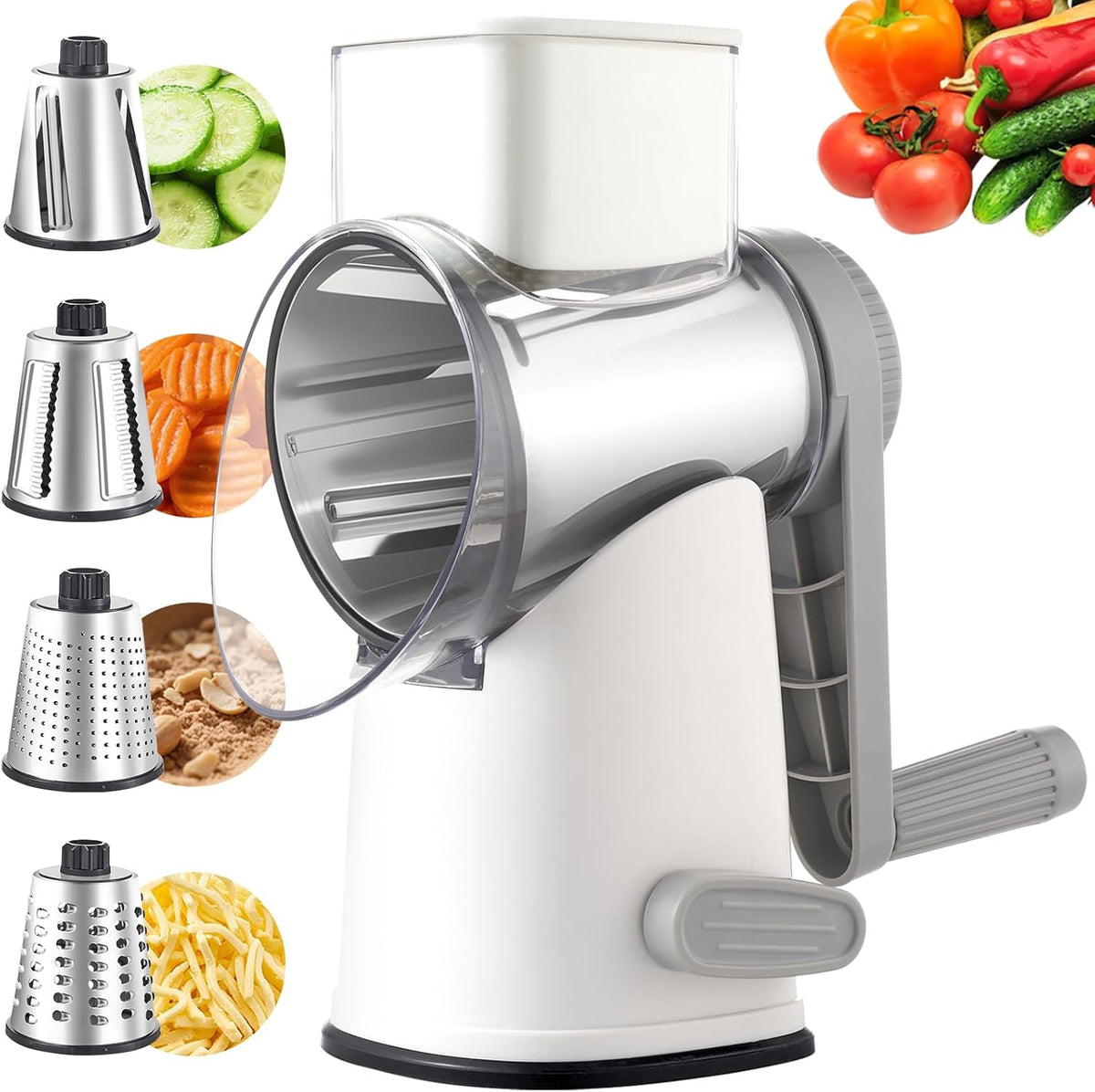 4 in 1 Large Rotary Cheese Grater Hand Crank (Grey, 4 Graters) | Cheese Shredder Rotary and Slicer with 4 Stainless Steel Blades for Vegetables, Veggie and Cheese, Stronger Suction Base