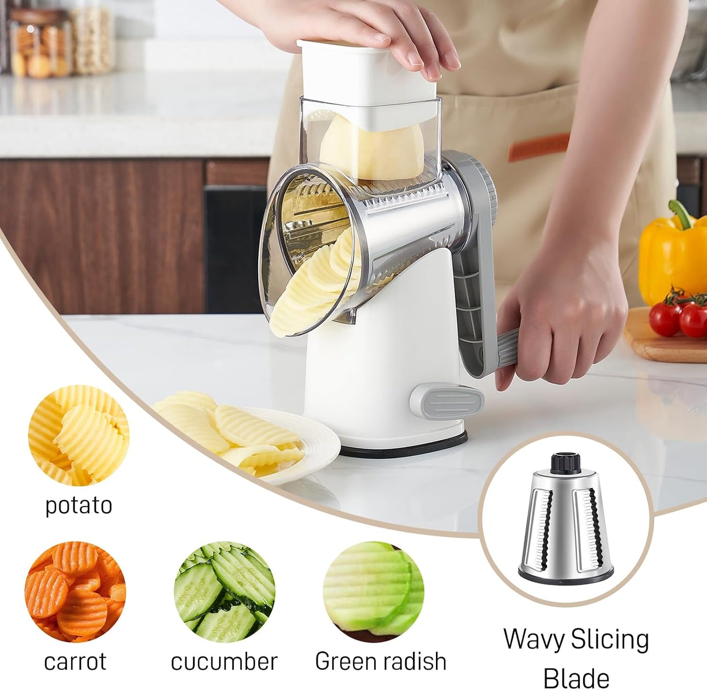 4 in 1 Large Rotary Cheese Grater Hand Crank (Grey, 4 Graters) | Cheese Shredder Rotary and Slicer with 4 Stainless Steel Blades for Vegetables, Veggie and Cheese, Stronger Suction Base