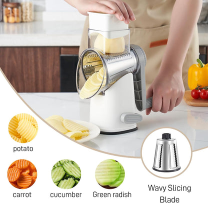 4 in 1 Large Rotary Cheese Grater Hand Crank (Grey, 4 Graters) | Cheese Shredder Rotary and Slicer with 4 Stainless Steel Blades for Vegetables, Veggie and Cheese, Stronger Suction Base