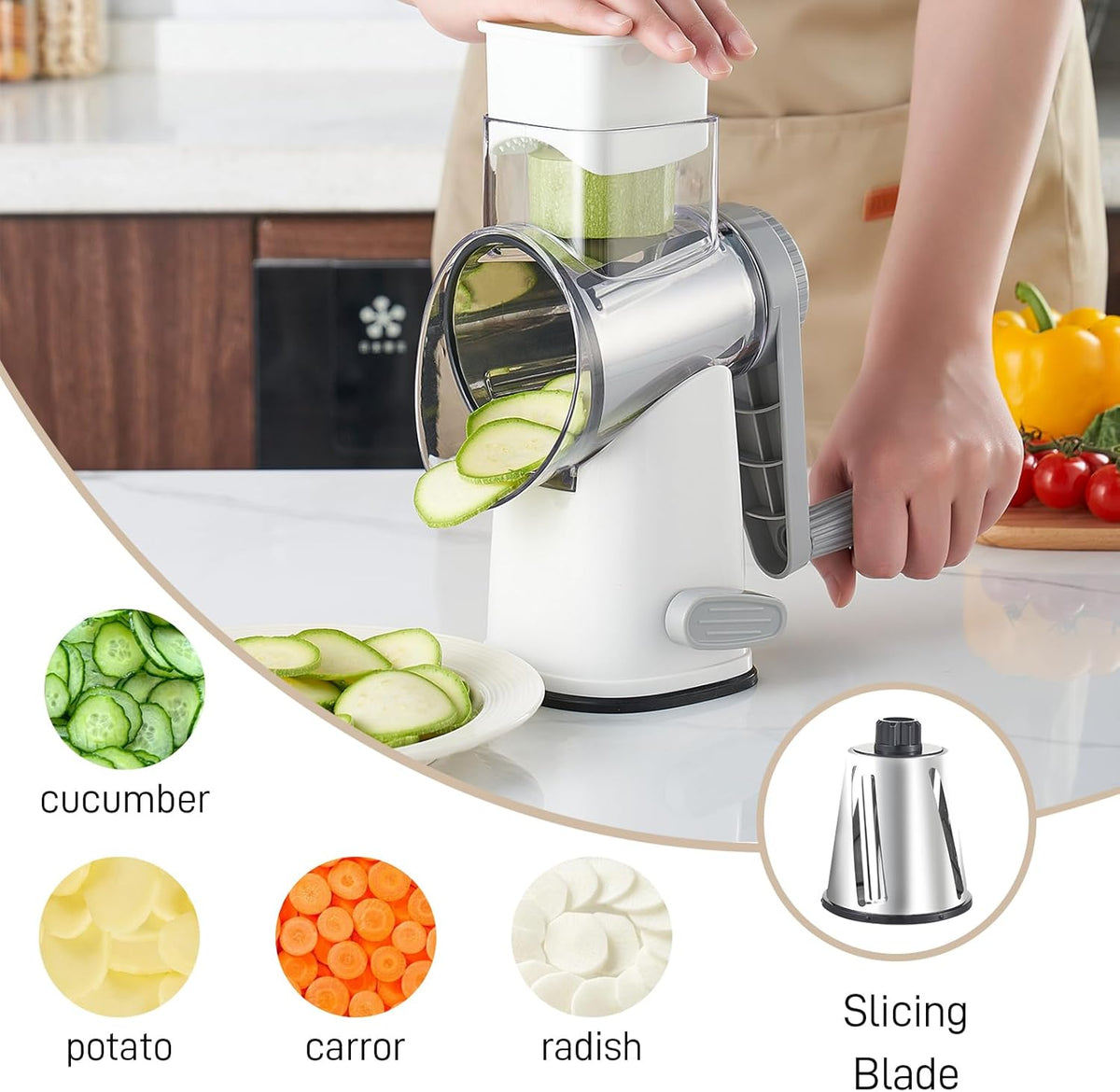 4 in 1 Large Rotary Cheese Grater Hand Crank (Grey, 4 Graters) | Cheese Shredder Rotary and Slicer with 4 Stainless Steel Blades for Vegetables, Veggie and Cheese, Stronger Suction Base