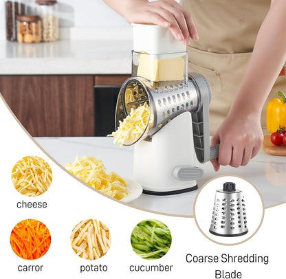 4 in 1 Large Rotary Cheese Grater Hand Crank (Grey, 4 Graters) | Cheese Shredder Rotary and Slicer with 4 Stainless Steel Blades for Vegetables, Veggie and Cheese, Stronger Suction Base