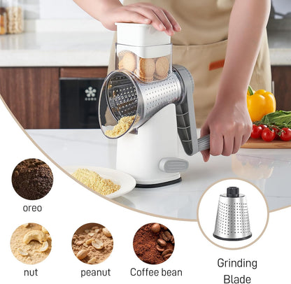 4 in 1 Large Rotary Cheese Grater Hand Crank (Grey, 4 Graters) | Cheese Shredder Rotary and Slicer with 4 Stainless Steel Blades for Vegetables, Veggie and Cheese, Stronger Suction Base