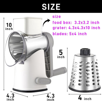 4 in 1 Large Rotary Cheese Grater Hand Crank (Grey, 4 Graters) | Cheese Shredder Rotary and Slicer with 4 Stainless Steel Blades for Vegetables, Veggie and Cheese, Stronger Suction Base