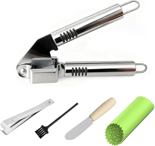 Garlic Press and Peel Set Stainless Steel- Rust Proof Garlic Mincer Tool - Easy-Squeeze, Easy-Clean Silicone Garlic Peeler & Brush (Green)