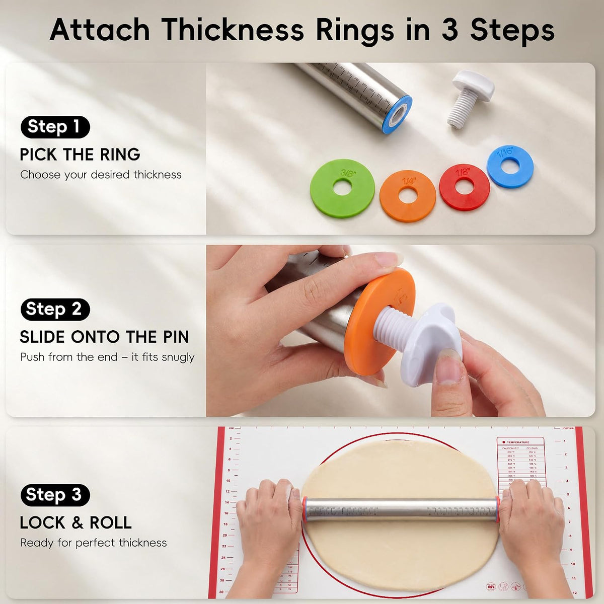 Rolling Pin with Thickness Rings, 17" Adjustable Stainless Steel Rolling Pins for Baking, Dough Roller for Fondant Pizza, Pie, Pasta, Cookies, Cakes, Kitchen Baking Supplies