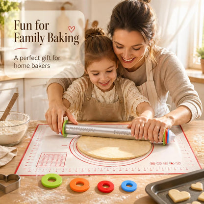 Rolling Pin with Thickness Rings, 17" Adjustable Stainless Steel Rolling Pins for Baking, Dough Roller for Fondant Pizza, Pie, Pasta, Cookies, Cakes, Kitchen Baking Supplies