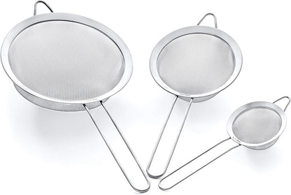 Strainer Set Fine Mesh – Premium 304 Stainless Steel (18/8) – 8″, 5.5″ and 3.3″ Sturdy Kitchen Strainers (Silver)
