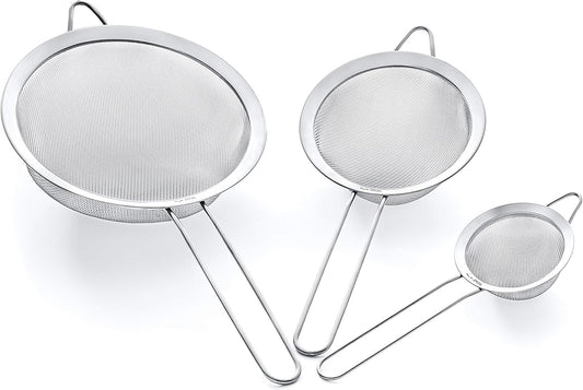 Strainer Set Fine Mesh – Premium 304 Stainless Steel (18/8) – 8″, 5.5″ and 3.3″ Sturdy Kitchen Strainers (Silver)